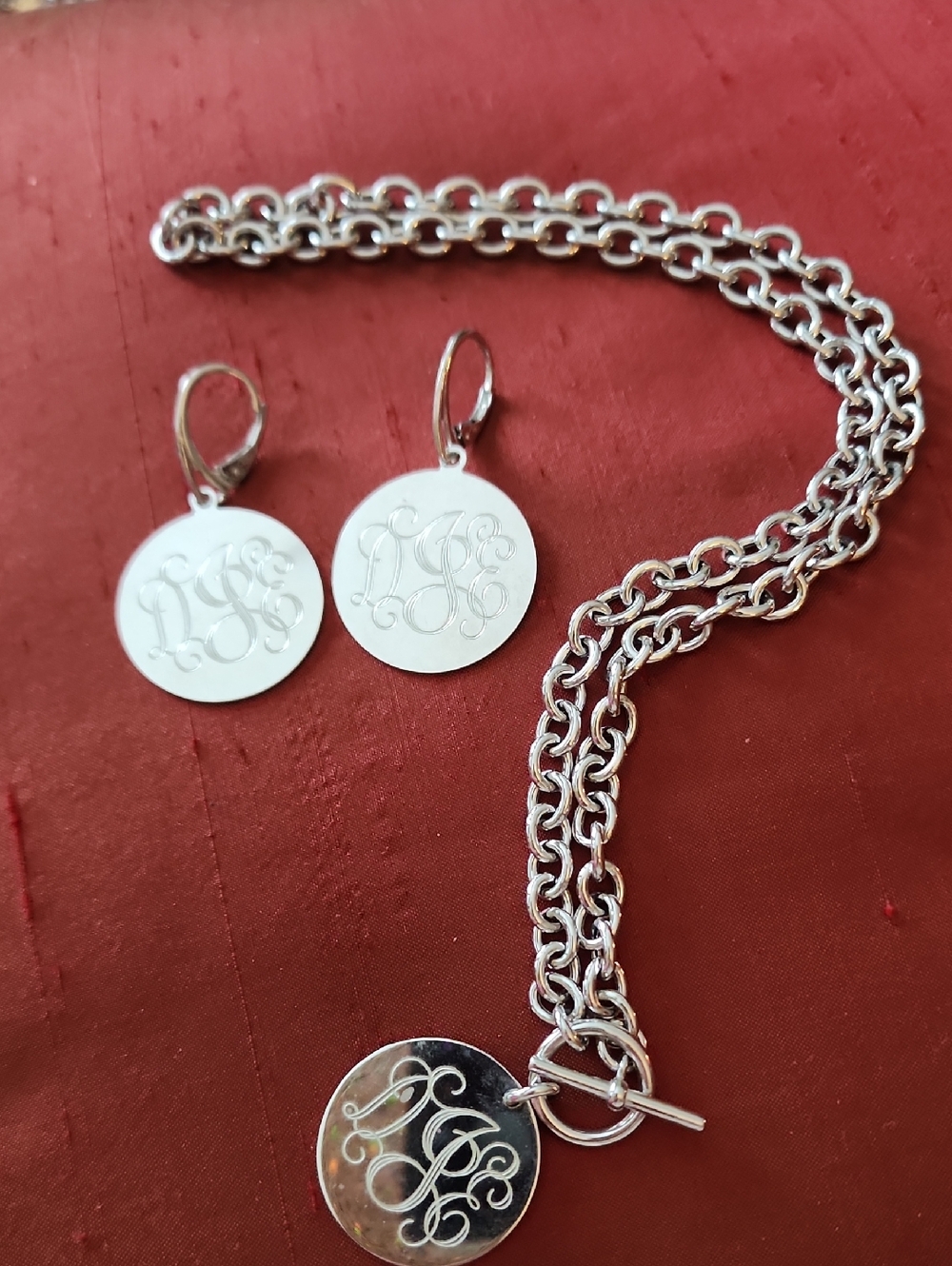 Things Remembered Monogram Disc Necklace and Earrings Set in Silver